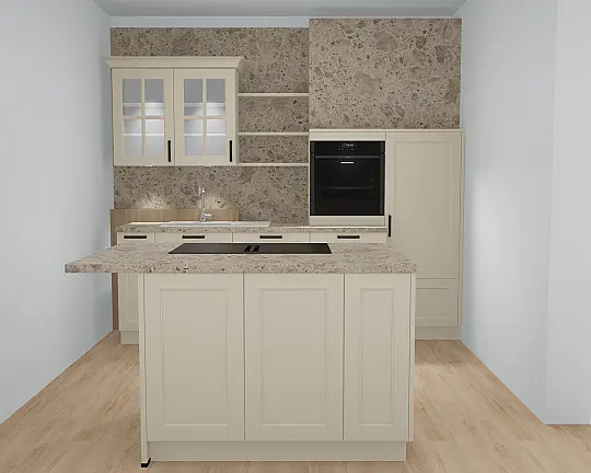 Inselküche in Crema-magnolie mit beleuchteten Glas-Oberschränken - N829 RAVENNA