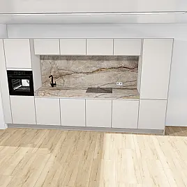 Moderne grifflose Küche mit matten Fronten und Keramikarbeitsplatte