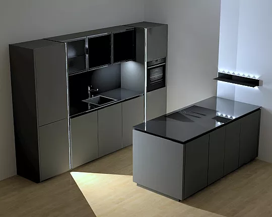 Moderne, grifflose Küche mit Kochinsel und viel Beleuchtung - Matrix Art - Manhattan - Soft Lack - graphit schwarz