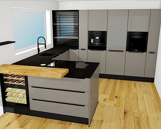 berbel Muldenlüfter mit hervorragender Filtertechnik | Miele Kombidampfgarer, Kaffeeautomat, XXL-Geschirrspüler | Wärmeschublade | Frischkühlschubladen & NoFrost-Gefrierer | 2-Zonen-Weinkühler | Quooker mit Cube oder Blanco möglich! ANDERSRUM AUFSTELLBAR! - HALB-INSEL und DOPPEL-LUXUS: Als U geplante Küche mit herauswachsender Insel, begeisternden Materialien & beeindruckender Ausstattung: Smartglasfronten in elegantem "Taupe Metallic Matt", afrikanischer Naturstein, Eichetheke, Apothekerschrank! TOP GERÄTE!