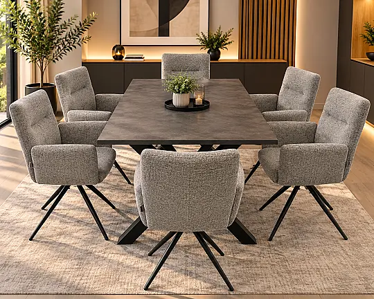 Esszimmer Set mit Tisch in anthrazit zement + 6 Stühle Armlehne - MYLENE