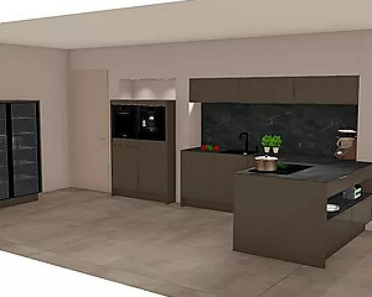 elegante, hochwertige Küche in umbra matt aus der SieMatic Stilwelt PURE - SE 3003 RLM in Lack umbra matt mit Quarzstein-Arbeitsplatte pietra grey poliert 6mm