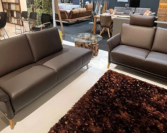 Sofa Garnitur 2-teilig Leder Reno mokka, Kontrastnaht, Armlehne klabbar, hochwertige Polsterung - Rosario