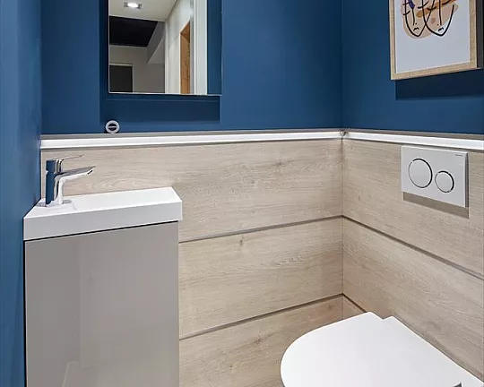 WC-Möbel / Badmöbel / Gäste-WC - Handwaschtisch und Spiegel und Rückwand-Paneelen + LED - Focus