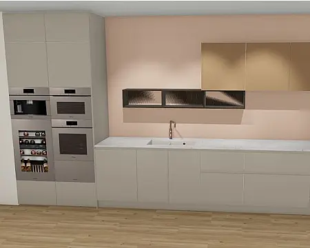Leicht 213 CLASSIC-FS in 023 ombre naturelle claire · Luxus Zeile zur freien Geräteauswahl mit Natursteinarbeitsplatte aus Taj Mahal