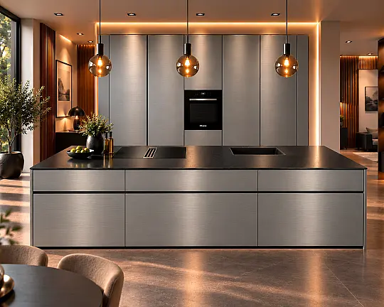 Schreinerküche incl. Fronten aus echtem Aluminium - Grifflosküche incl. Miele Geräte