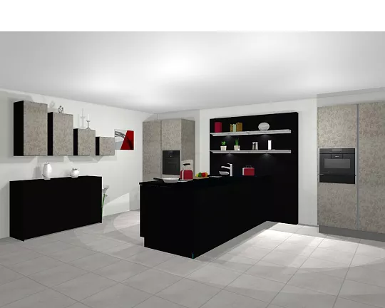 Design Küche Grifflos - Modell  ARTE-S Mikro Strukturlack und Modell GALA Lack Silberfarbig getupft