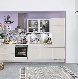072301 Exklusive Küchenzeile in Seidengrau Wandschränke mit Glaseinsatz und Thekenansatz