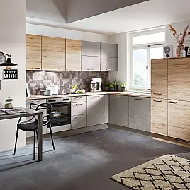 022604 - Stylische Winkelküche mit Fronten in Basalt Taupegrau Nachbildung / Fronten, Arbeitsplatte und Korpus in Eiche San Remo Nachbildung