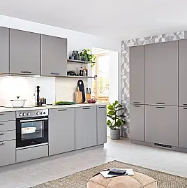 072605 - Moderne Küchenkombination mit Fronten in Taupegrau / Arbeitsplatte in Terrazzo Weiß Nachbildung