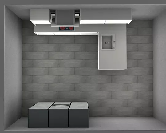 Moderne L-Küche mit Hochschrankzeile aus wertigem Steindekor - AV2065-GL in Satin / AV7030-GL in black Star Steindekor