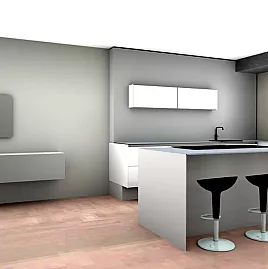 Designerküche in Hochglanz Weiß mit weißer Glasarbeitsplatte