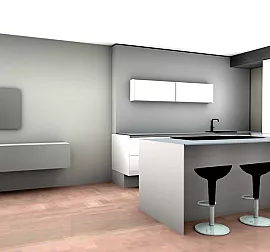 Designerküche in Hochglanz Weiß mit weißer Glasarbeitsplatte