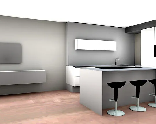Designerküche in Hochglanz Weiß mit weißer Glasarbeitsplatte - SLX