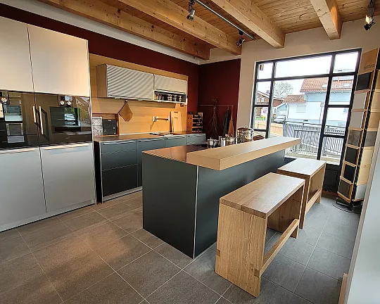 Hochschrank Zeile Insel Theke - Fronten Aluminium Grau und Silber Eiche Arbeitsplatte Edelstahl MK 35 PoGer - b3 A2Ax A1Ax EIHB