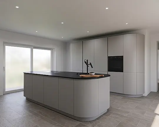 Neue Designer-Luxusküche mit Premium-Ausstattung & Bosch Einbaugeräten - Hochschrank-Zeile mit Insel #Devin Planungsangebot D9SB - 361cm + 290cm -