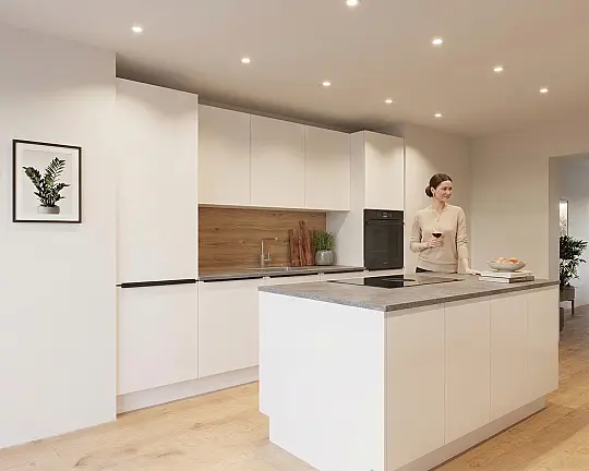 Exklusive neue Küche mit Premium-Ausstattung & Bosch Einbaugeräten - 1-Zeile mit Insel #Devin Planungsangebot D1NB - 300 + 182cm -