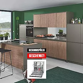 Luxuriöse Einbauküche mit Kochinsel Front Toffee/Quarzgrau mit Siemens Elektrogeräten