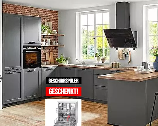 Romantische Landhausküche als U-Variante in Schiefergrau mit Siemens und Silverline Elekrogeräten - Chelsea inkl. Lieferung & Montage