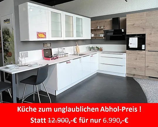 Nolte-Küche inkl. Geräte - Sensationspreis zum Abverkauf - Nolte Lux Weiß Hochglanz / Steineiche mit wertigen Bosch-Geräten 4,3x2,8m