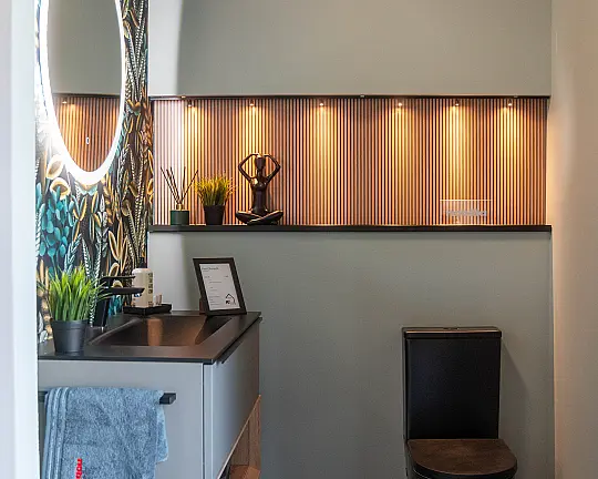 Modernes Badezimmer-Highlight – Nobilia Waschtisch - Easytouch: Taupegrau ultramatt kombiniert mit Eiche Sierra