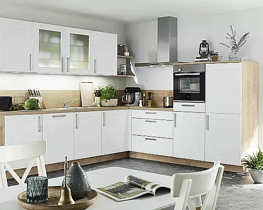 L-Küche in Weiß matt und Asteiche natur Farbkombination - Frame Lack