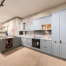 nobilia Frame Küche in Steinblau & Eiche mit Naturstein, Kupfer-Spüle & Bosch Geräten