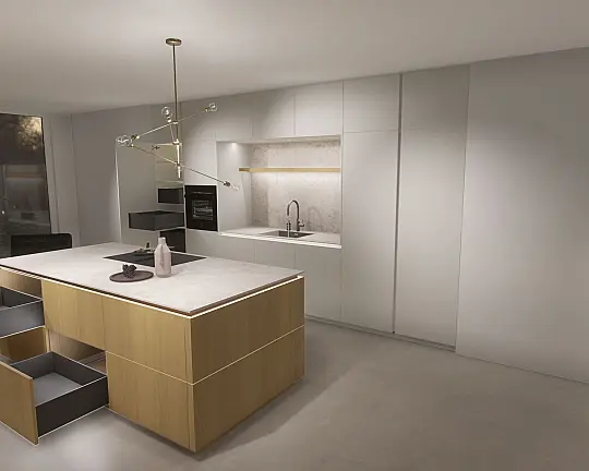 Designküche mit Nische und Insel inkl. Montage*, Furnierte Fronten, Keramik von Neolith, Geräte von Siemens - AV 2135 & AV 6088