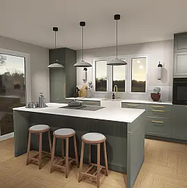 Landhausküche mit Insel inkl. Montage*, Hochwertige Rahmenfront aus Esche, Keramik von Dekton, Geräte von Siemens