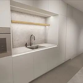 Designküche mit Insel und Nische inkl. Montage*, Rillenfront aus Echtholzfunier, Keramik von Neolith, Geräte von Miele & Bora