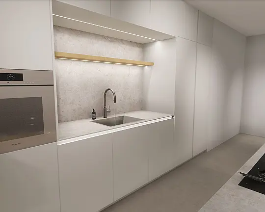 Designküche mit Insel und Nische inkl. Montage*, Rillenfront aus Echtholzfunier, Keramik von Neolith, Geräte von Miele & Bora - AV 6000 / AV 6023