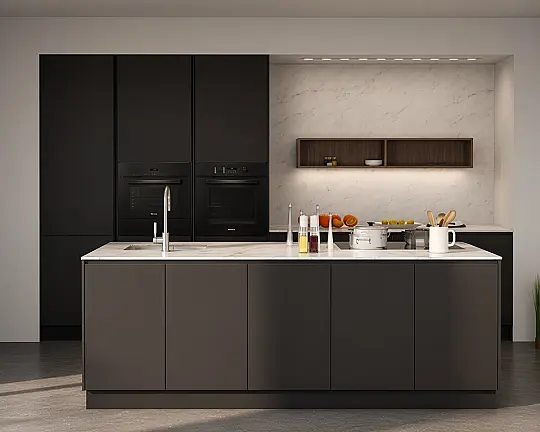 | Luxus-Traumküche SieMatic | grifflos | PUR-Lack graphitgrau| mit Insel | Stein-Arbeitsplatte | Miele/BORA-Vollausstattung | Premium-Ausstattung | sofort verfügbar | Preisvorteil 15 115 EUR oder 36% - SLX-LG graphitgrau glzd. SQ-Lack