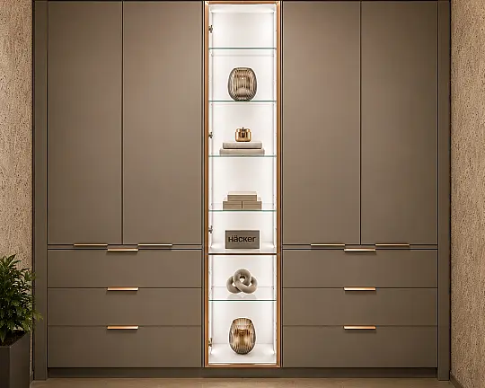 Kleiderschrank N120 mit beleuchteter Glasvitrine - Vegas Champagner metallic, Lacklaminat metallic