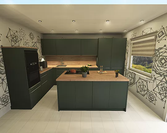 hochwertige trendige  L-Küche mit Insellösung - Pamplona Blackgreen seidenmatt lackiert