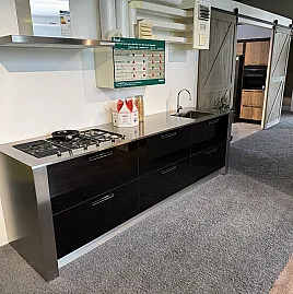 Küchenblock schwarz hochglanz mit Edelstahl Arbeitsplatte