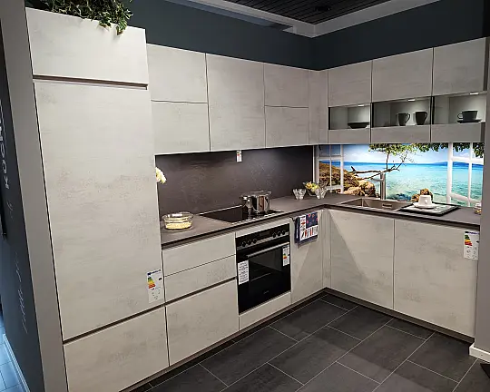 AVALON L-Küche Weißbeton Nachbildung grifflos mit Rückwand Karibik - AVALON Weißbeton Nachbildung