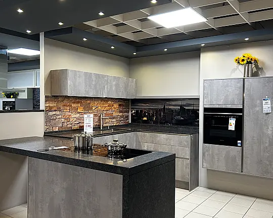 Moderne U-Form in Betonoptik mit Granitplatte - AV1070-GL Beton Perlgrau