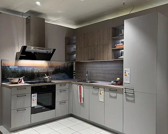moderne Einbauküche in L-Form - Touch Lacklaminat Steingrau supermatt