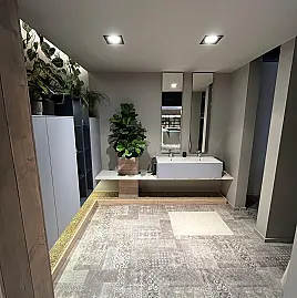 Exklusives Badezimmer - Messestück - Doppel-Waschtisch - zwei Spiegel mit seitlicher Facette - viel LED-Beleuchtung