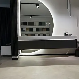 Designer-Badmöbel Set Nobilia Artis Titan + Silestone Calacatta Gold Waschtisch + Designerspiegel mit Bluetooth