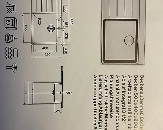 Luxus Edelstahl-Einbauspüle "Mythos" mit Ablauffläche nagelneu - Nyzhos MYX211-86A