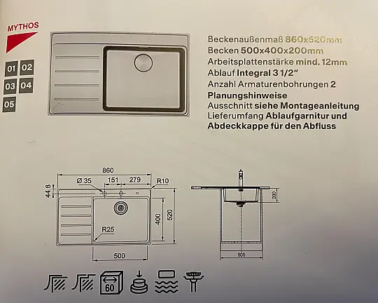 Luxus Edelstahl-Einbauspüle "Mythos" mit Ablauffläche nagelneu - Myzhos MYX211-86A