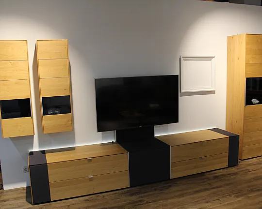 TV-Möbel und Vitrine Set Wildeiche furniert Anthrazit Holz kombiniert moderne Wohnzimmermöbel Eiche Anthrazit im Komplett Set - Q-Media