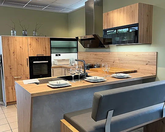 Moderne U-Küche - ELB Elba/Bar. Bari Front K020 Schiefer Sand +Wideiche