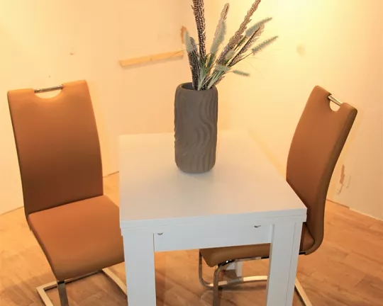 Kleiner weißer ausziehbarer Esstisch mit farbenfrohen Schwingstühlen - Tischgruppe