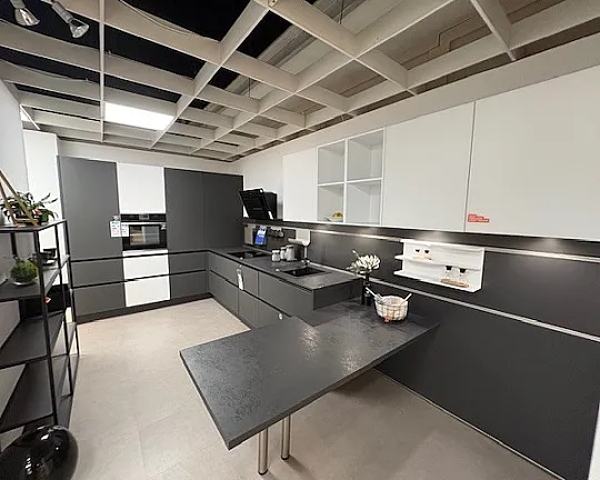 Echt-Glasfront L-Form mit Sitzplatz Modern - Glasline schwarz/ weiß matt