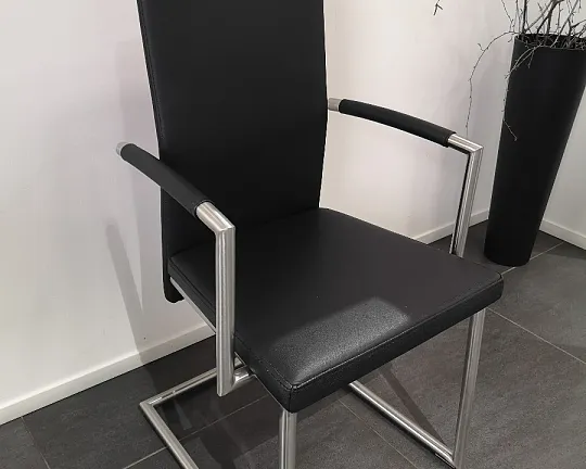 Stuhl mit Armlehnen, Echtleder schwarz, Edelstahlgestell - Stuhl mit Armlehnen, Echtleder schwarz, Edelstahlgestell
