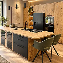 Designküche mit Insel – Neu&OVP - Hochwertig geplant - Zeitlos mit warmen und dunklen Farben abgesetzt Inselküche Hochschrankzeile