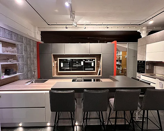 zeitloser moderner Küchen-Block in Schiefergrau - 555 Lux, Seidengrau/Schiefergrau Hochglanz