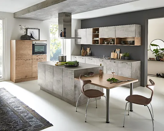 Moderne Küche in Beton Optik mit Kochinsel und Theke - Stone/Manhattan